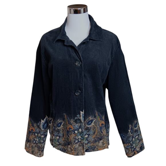 CHICO'S‎ 2 Artsy Corduroy Jacket L Black Lined Pockets Painted Plants Leaves - Picture 10 of 10